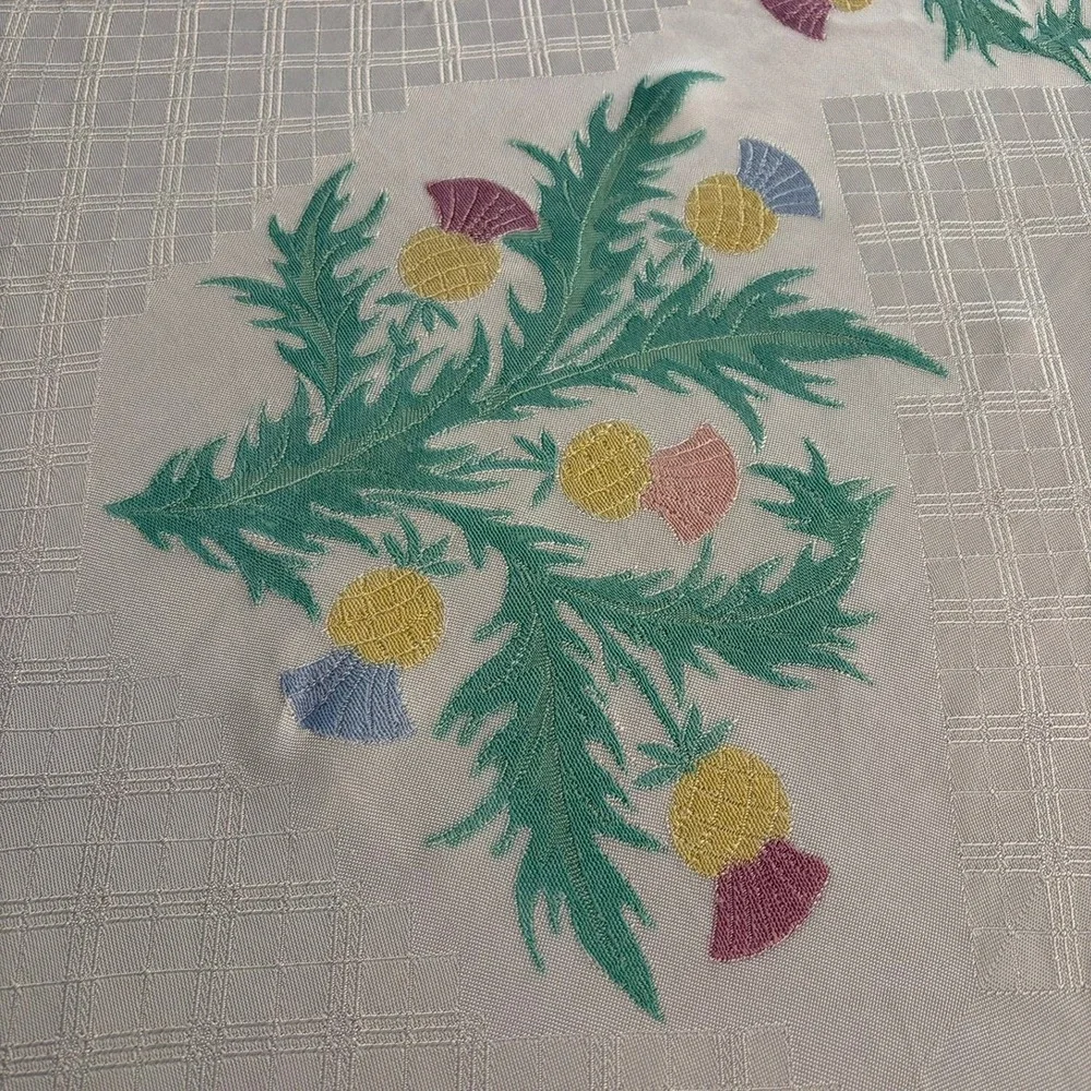 Vintage Damask Tablecloth Scottish Thistle Embroidered 48