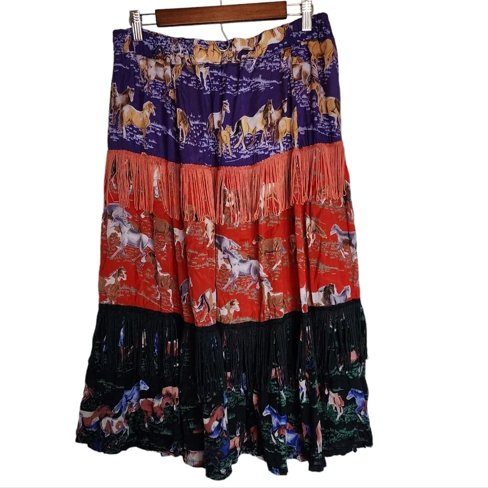 Vtg Why Not! Horse Print Tiered Maxi Skirt S Western Boho Rayon Fringe Red