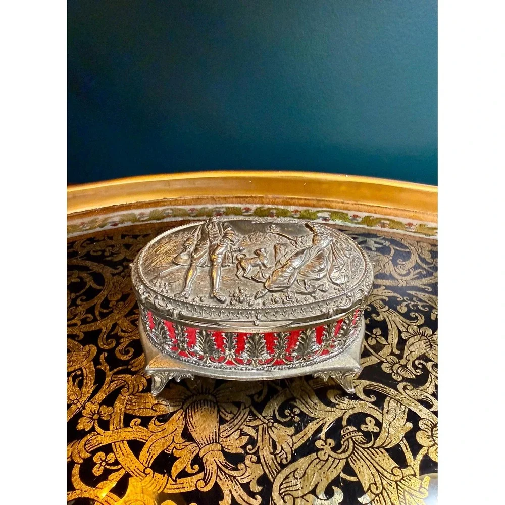 Vintage Metal‎ Jewelry Casket with Red Velvet Interior