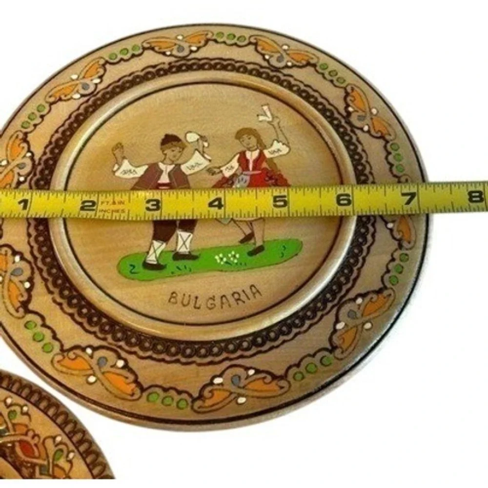 Set of‎ 3 Vintage Wooden Plates Folk Art Bulgaria Hand Painted Decorative