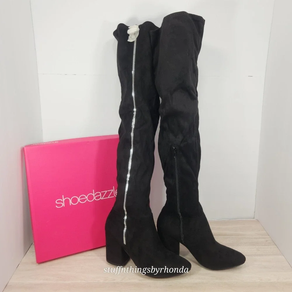 New In Box SHOEDAZZLE NEVAEH Thigh High Boots Over Knee Zip BLACK US 9 / EU 40