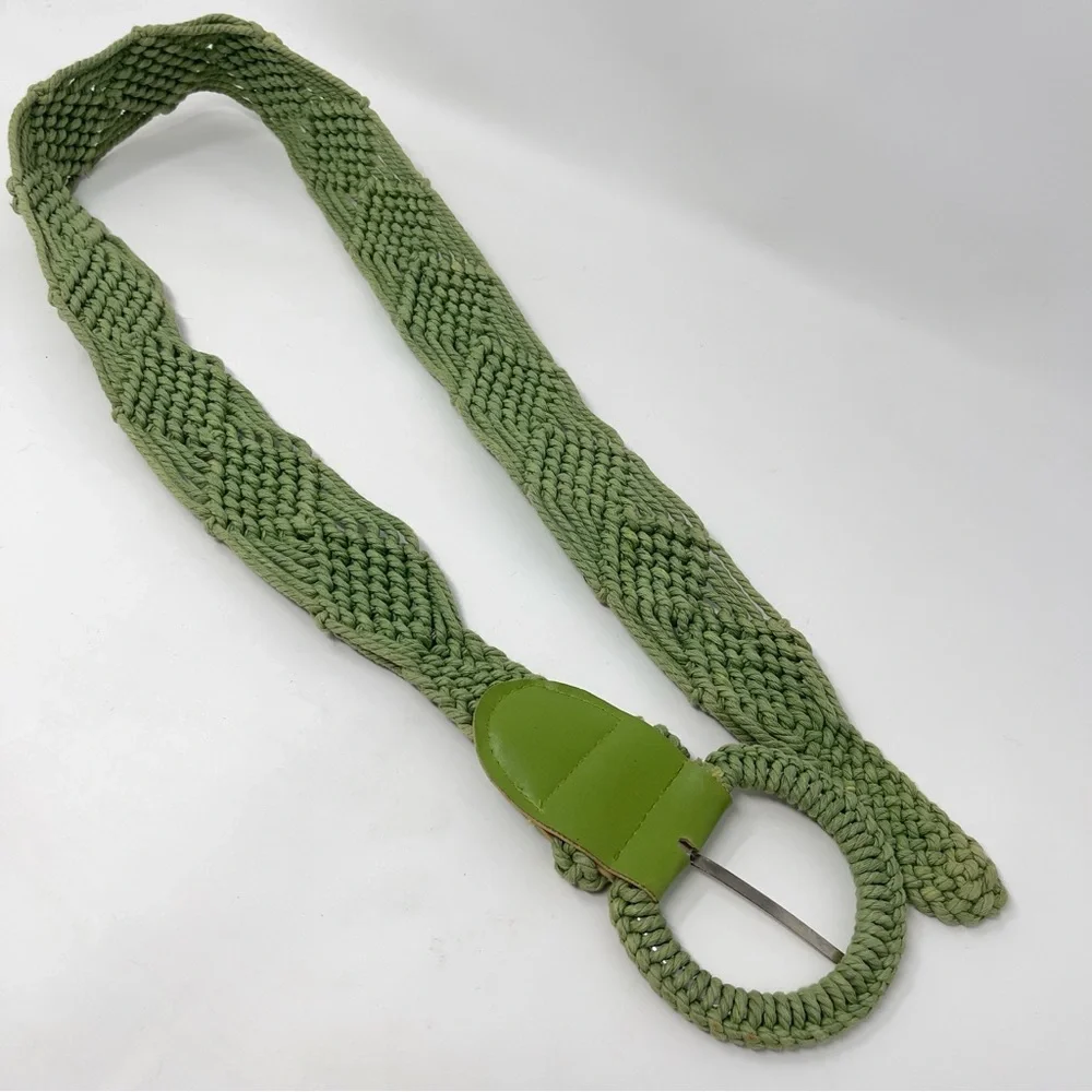 Vintage Green‎ Macrame Belt w/ Leather Trim, Boho Wide Woven Statement Belt