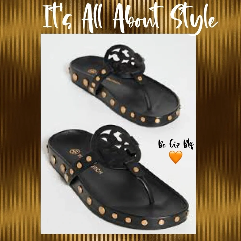 🔥🔥NWT Authentic Tory Burch Miller Cloud Gold Coin Thong Sandals Black 11 M