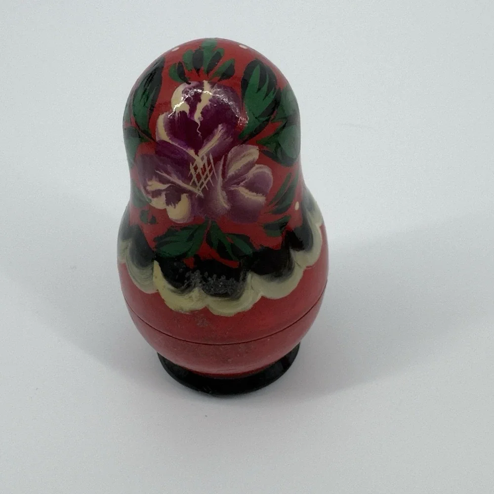 Vintage Russian Nesting Dolls Set Hand Painted Red Floral Matryoshka Mini 3pc‎