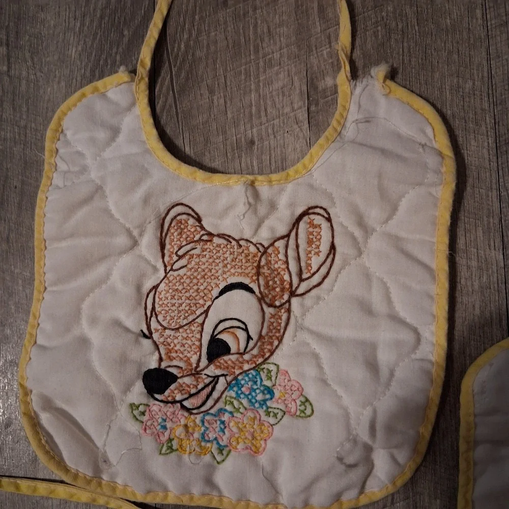 Vtg Disney Embroidered Cross-stitch Baby Bibs-Bambi Thumper Squirrel Lot Of‎ 3