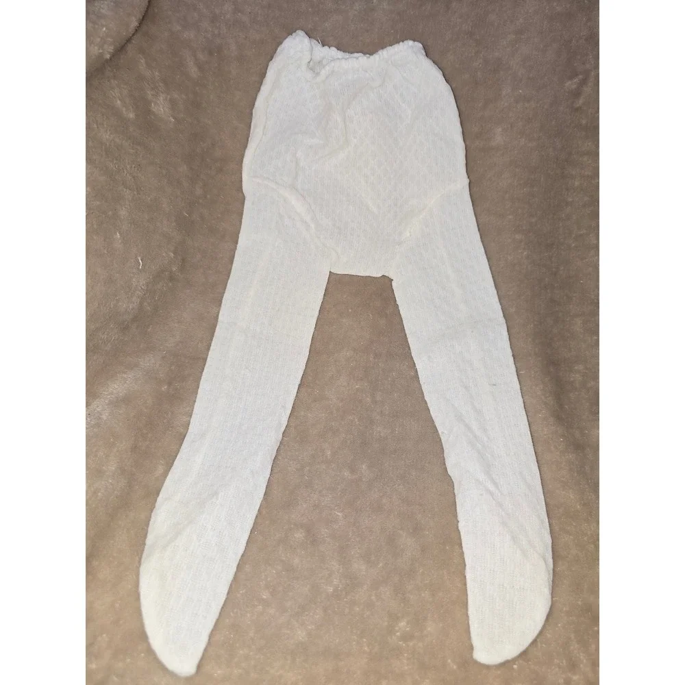 Vintage White Pointelle Knit Baby Toddler Tights Footed Leggings Cream Ivory