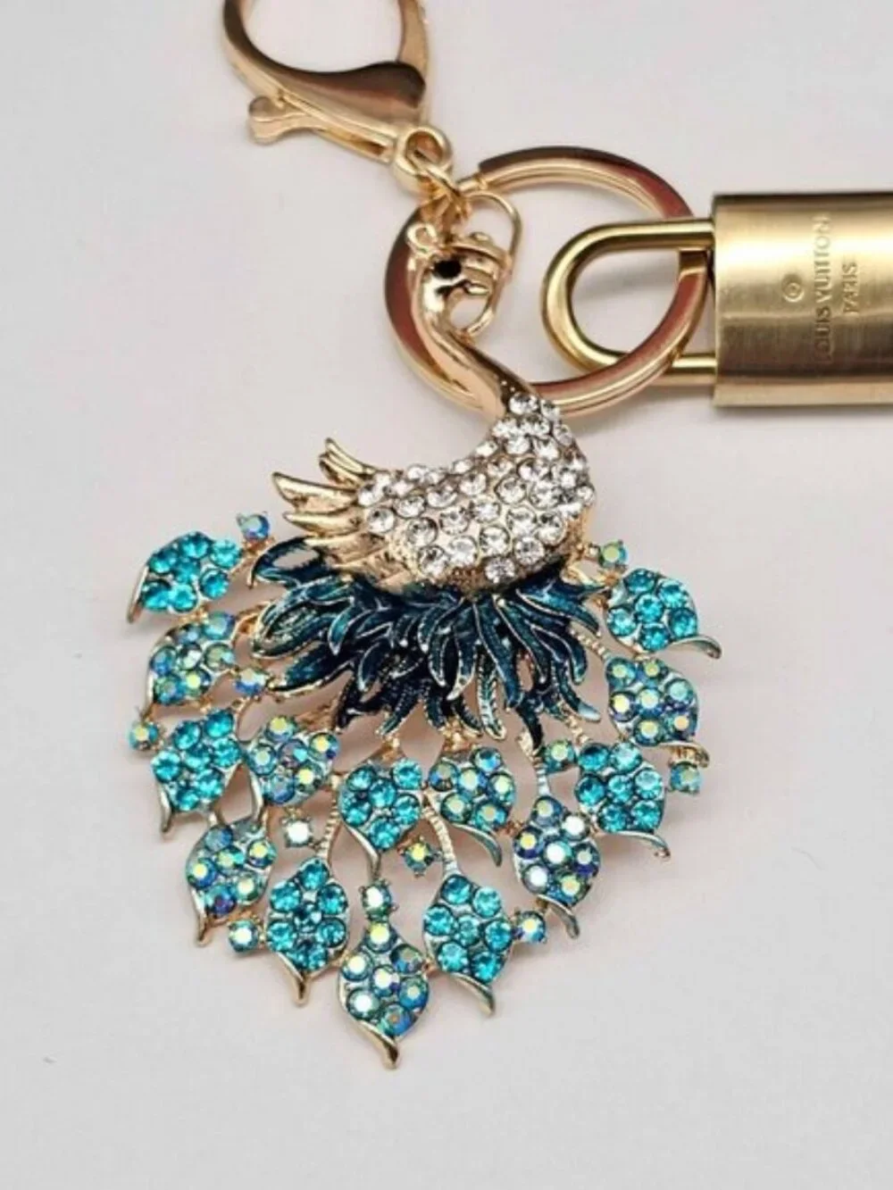 LV Gold Padlock Authentic 🔑 Luxury Bag Charm w/ Unbranded Peacock Keychain