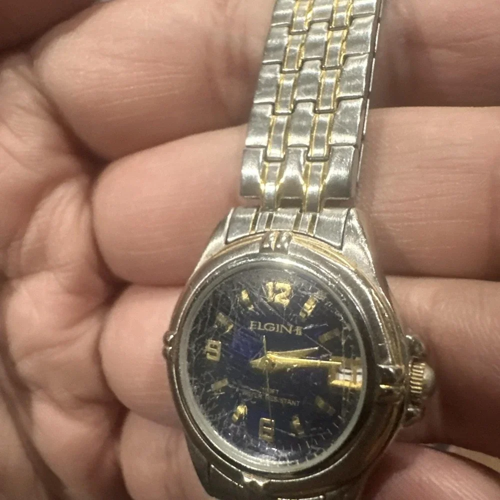 Works Eligin Two Tone‎ Quartz Watch Blue Dial  Women's Stretch Band 26mm Fit 7.5