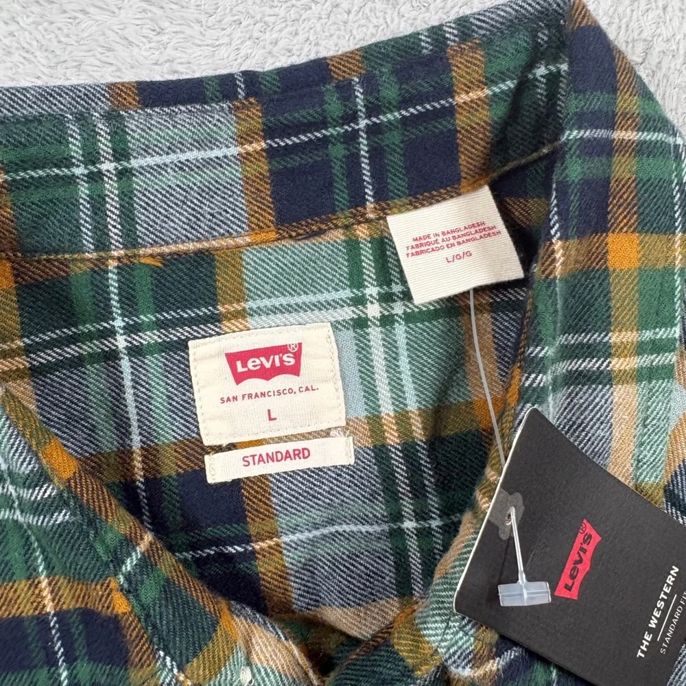Levis Men Green Plaid The Western Standard Fit Cotton Flannel Shirt Pearl Snap L