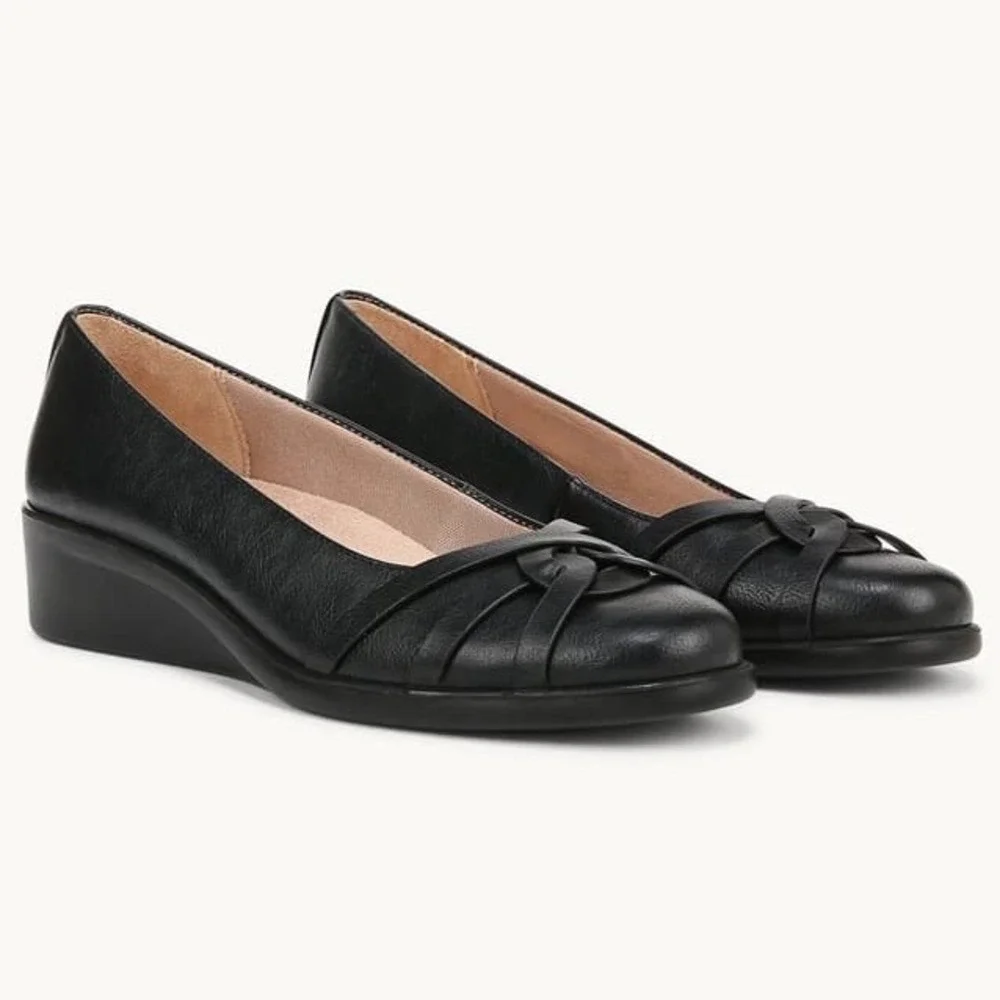 LifeStride Jorie Black Tumbled Faux Leather Ballet Wedge Shoes Womens Sz 7W