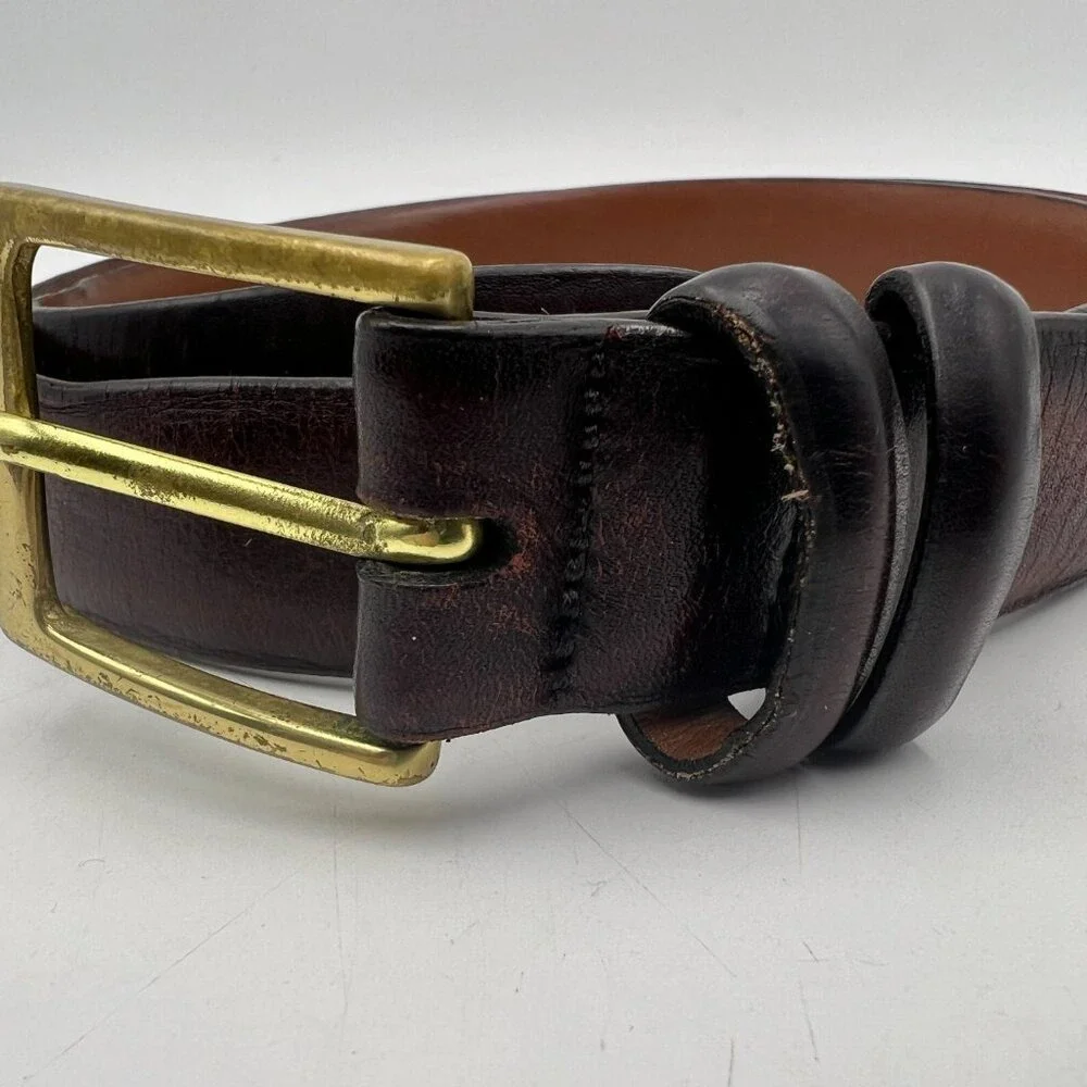 Lands End Brown Leather Belt Men's 32 Solid‎ Brass Hardware 1