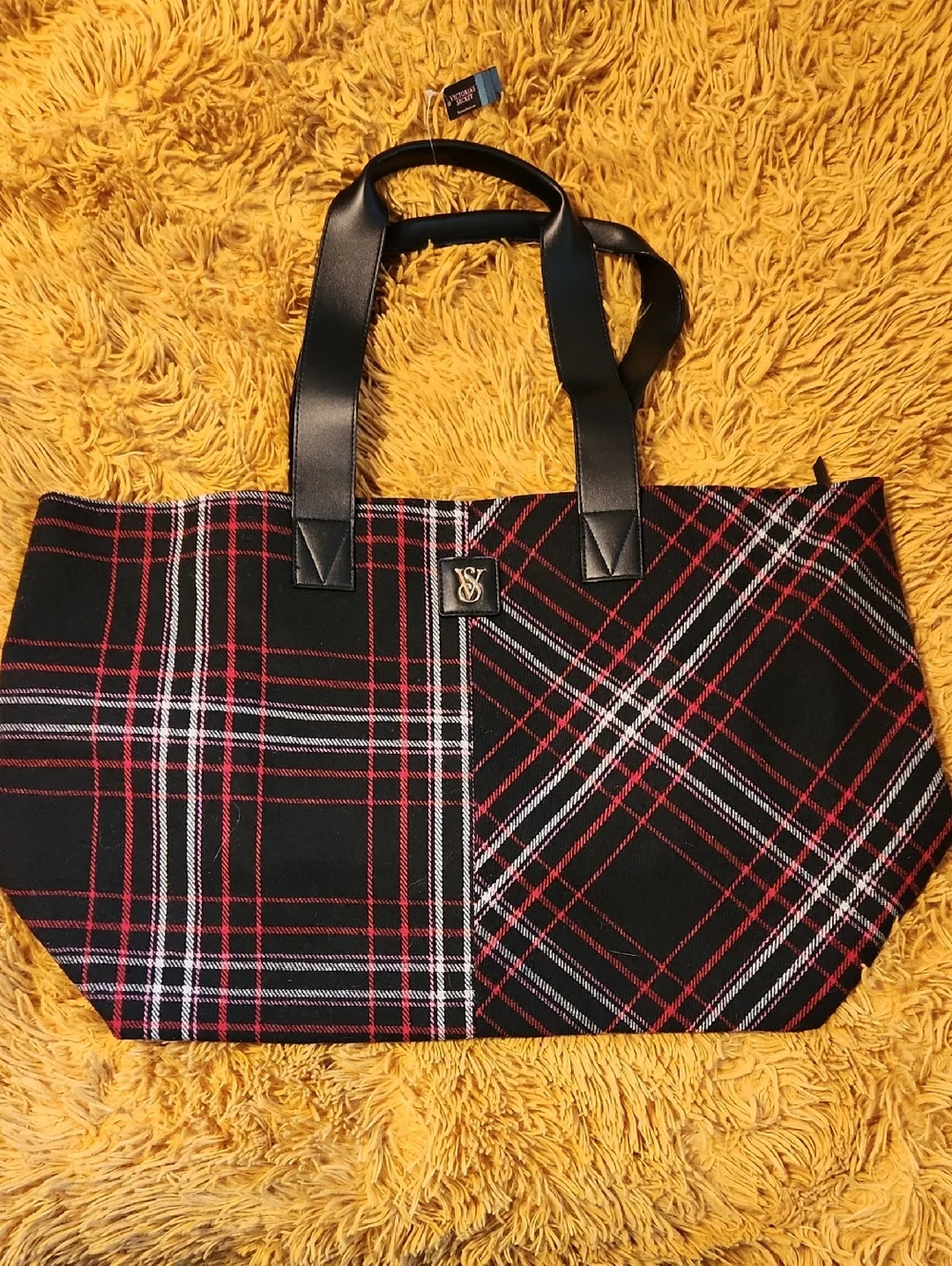 Victoria's Secret Black Plaid Tote with Red and White Trim FINAL PRICE
