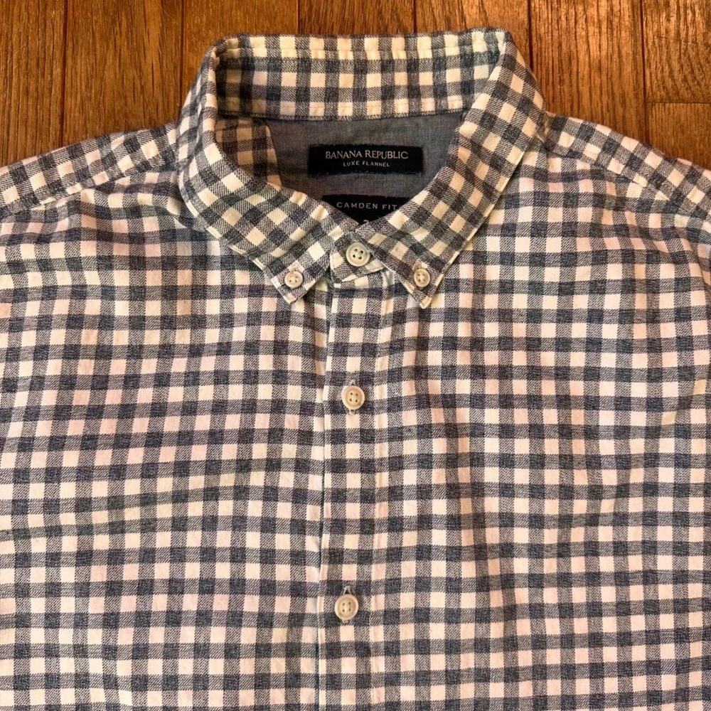 Banana Republic Luxe Flannel Button Up Mens L Camden Fit Gingham Grey Casual