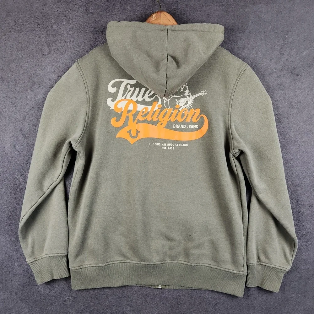 True‎ Religion Old Skool Hoodie Mens Large Olive Green Buddha Graphic Full Zip