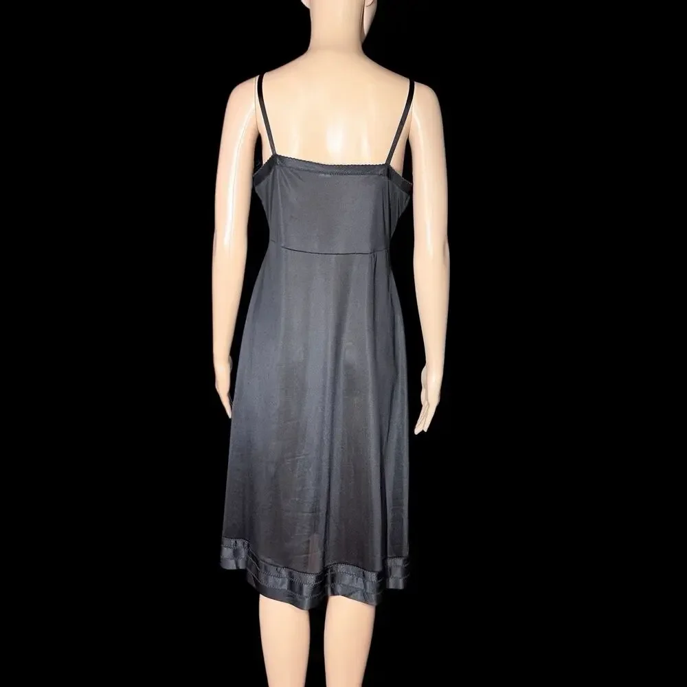 Vtg Black Slip Dress Nightgown Womens 38 Nylon Midi Union Made USA