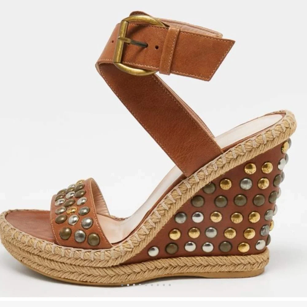 Stuart Weitzman Tan Studded Espadrille Wedge Sandals