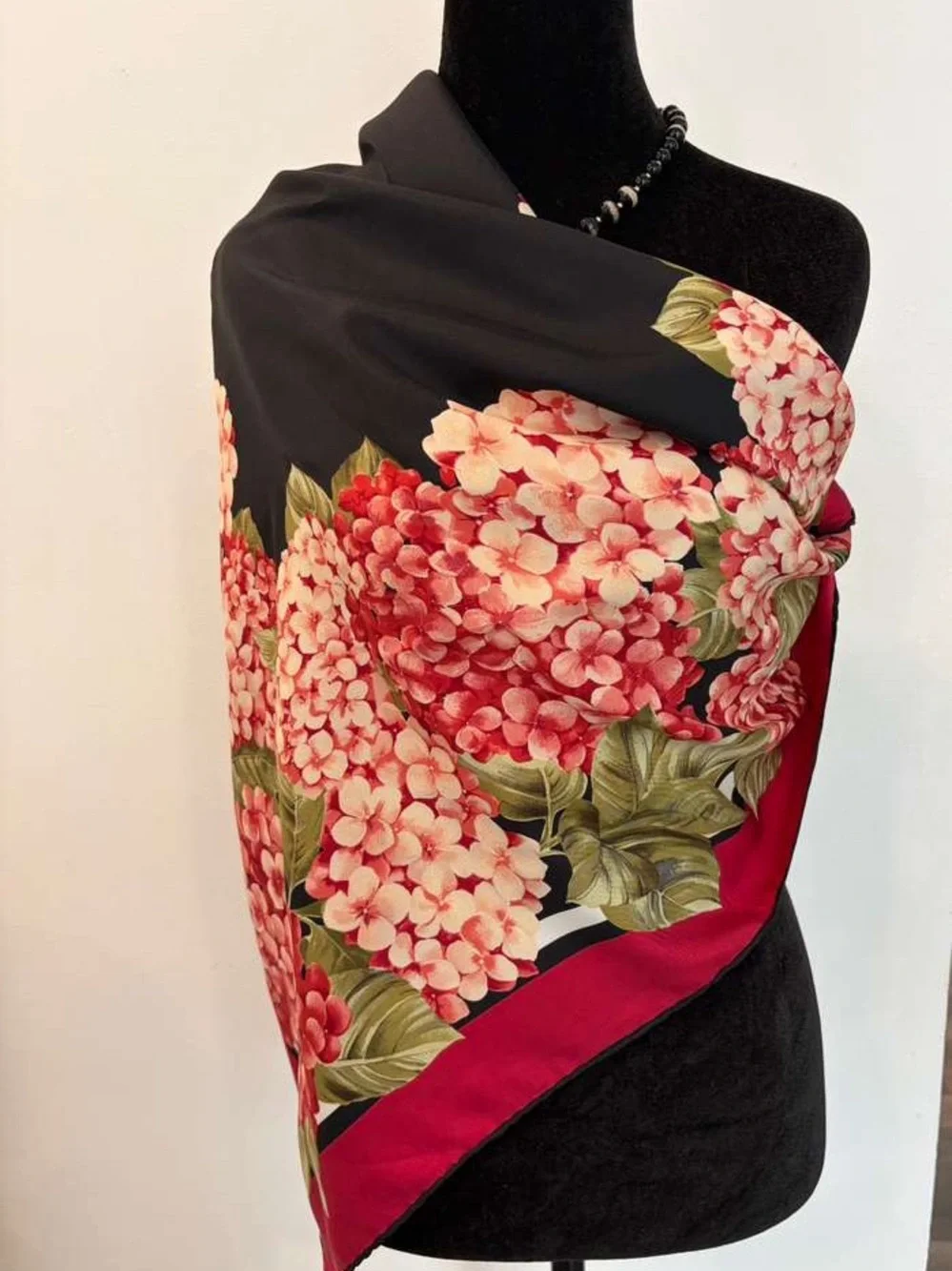 Dior Silk Scarf Red Black Floral Hand Rolled