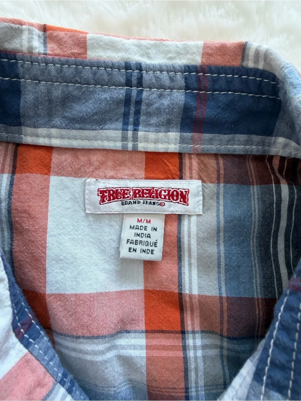 True Religion Men’s Orange and Blue Plaid Button Down Shirt