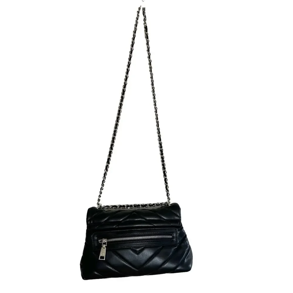 Badgley Mischka Chevron Quilted Flap Chain Vegan Leather Handbag Purse Black