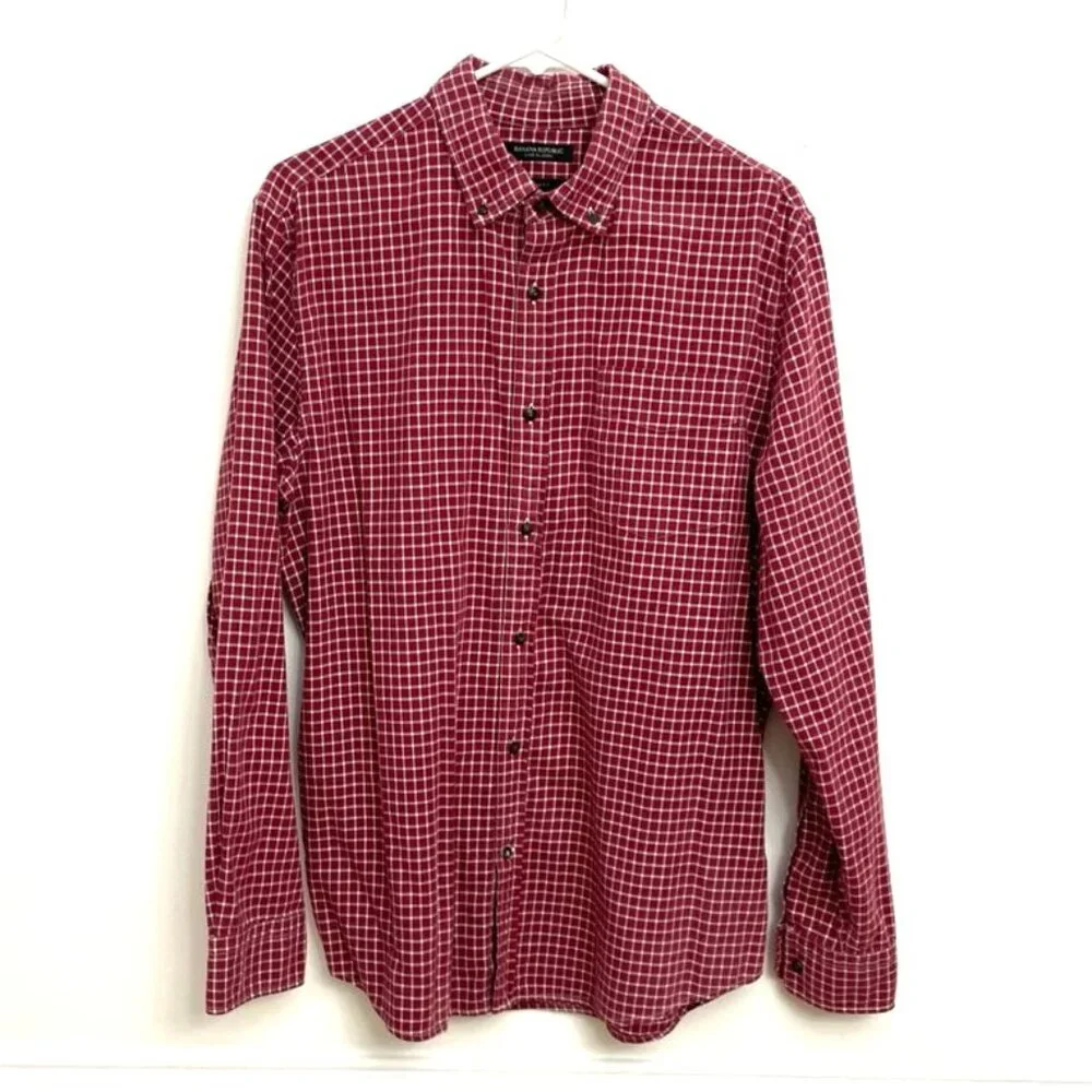Banana Republic Luxe‎ Flannel Slim Fit Men's Shirt Sz L Burgundy Red Plaid Check