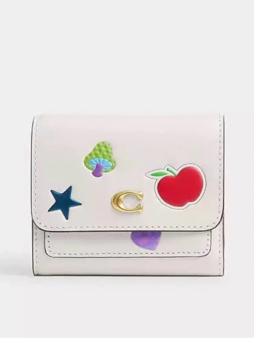 Coach Mila Small Flap Wallet in Sticker Print Brass/Chalk Multi Calf Leather NWT