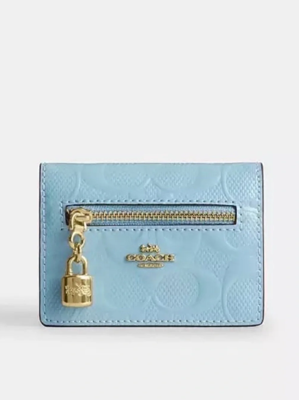 Coach Snap Card Case w/ Charms Pearlized Signature Leather Gold/Light Blue NWT