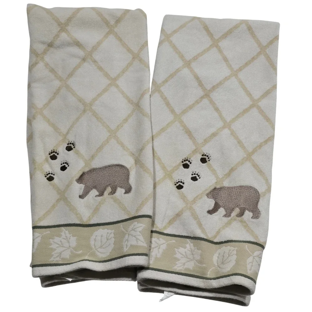 Bear Lodge Bath Towel Set Cream Rustic Cabin 2PC Saturday Knight Ltd