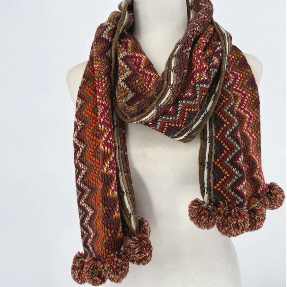 Cato Women's Cozy‎ Knit Scarf Chevron Pattern Pom Pom Tassels One Size