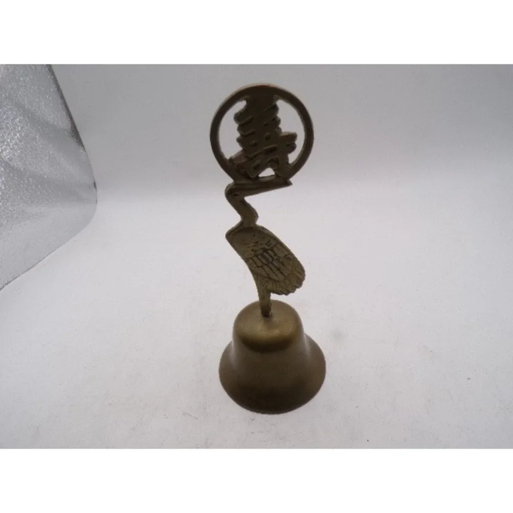 Vintage Brass‎ Crane Shou Longevity Character Hand Bell Asian Oriental 5