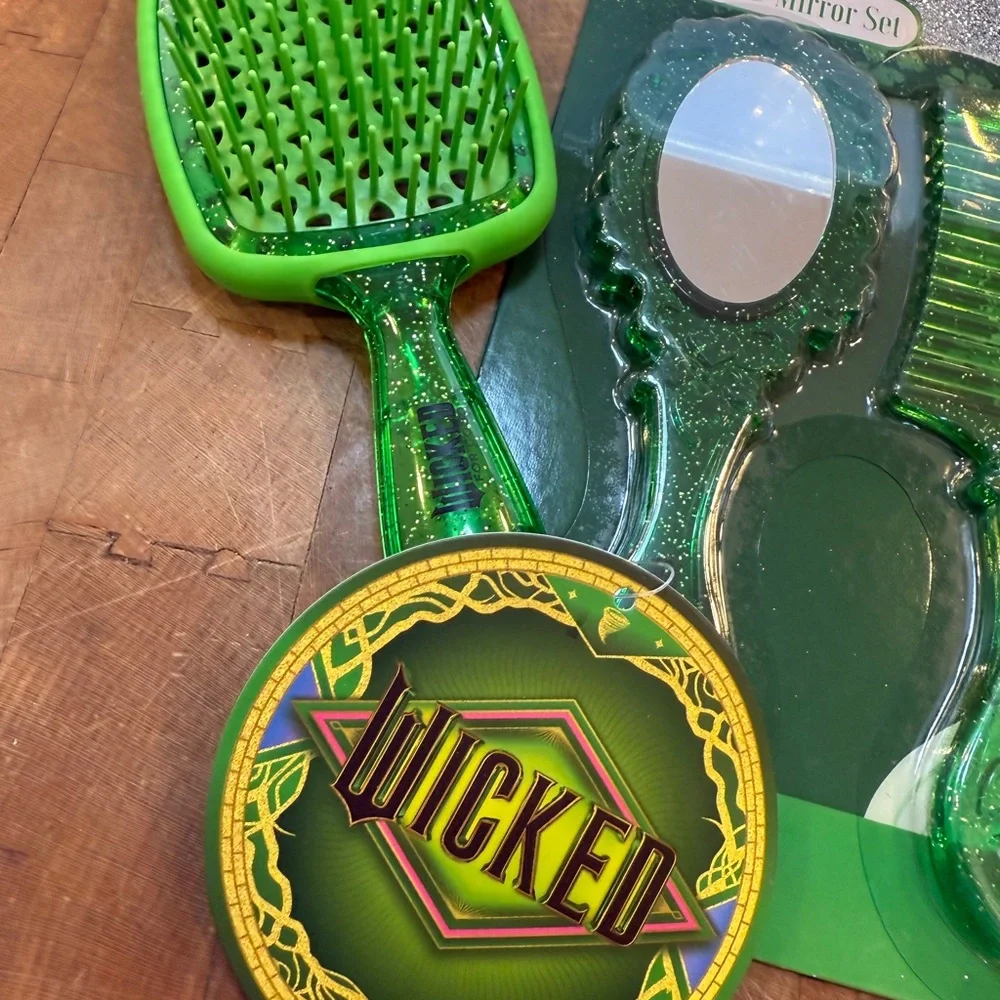 Wicked Green Hair Brush & Mirror Comb Combo with Watermelon Hand Lotion NEW