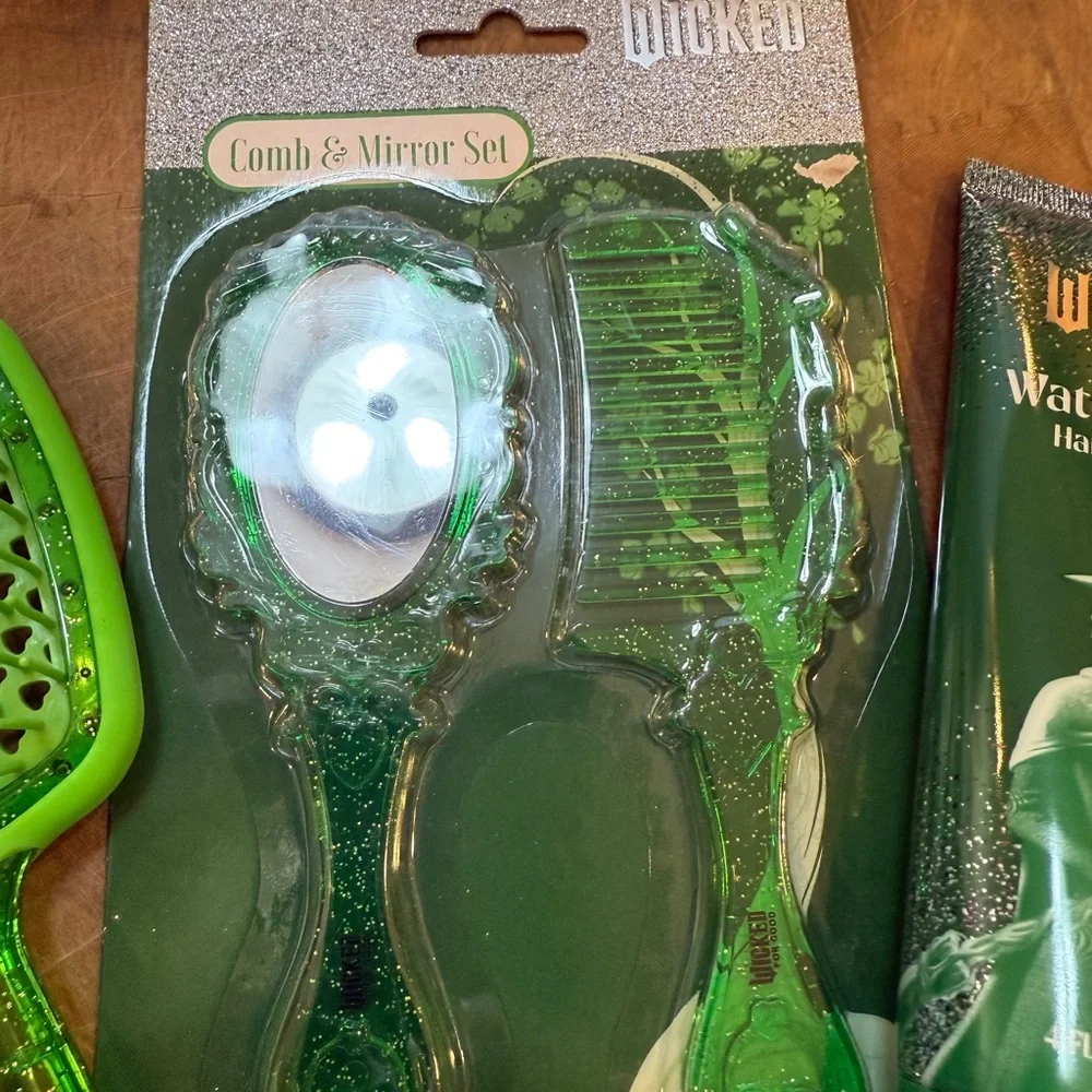 Wicked Green Hair Brush & Mirror Comb Combo with Watermelon Hand Lotion NEW