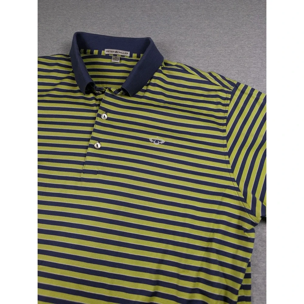 Peter Millar Mens XL Polo Shirt Green Navy Blue Striped Cotton MF16K03