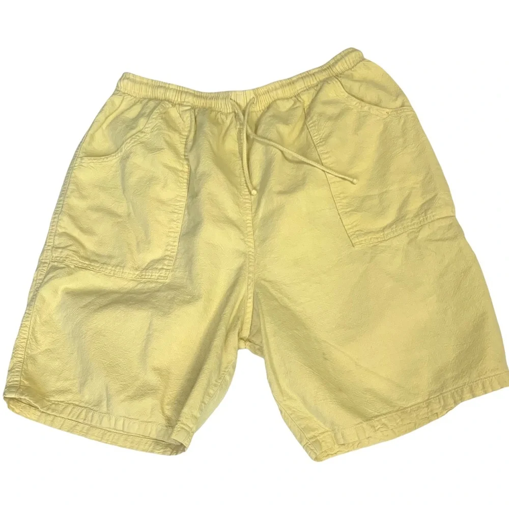 Vintage‎ 90s Seersucker Solid Yellow Drawstring Shorts Pockets Made in USA Sz XL