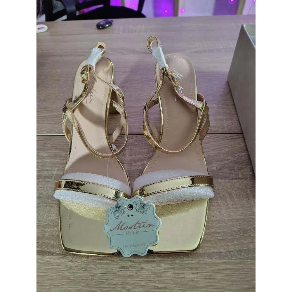 Mostrin Gold Strappy Platform Stiletto Heels Dress Sandals Women Size 8‎