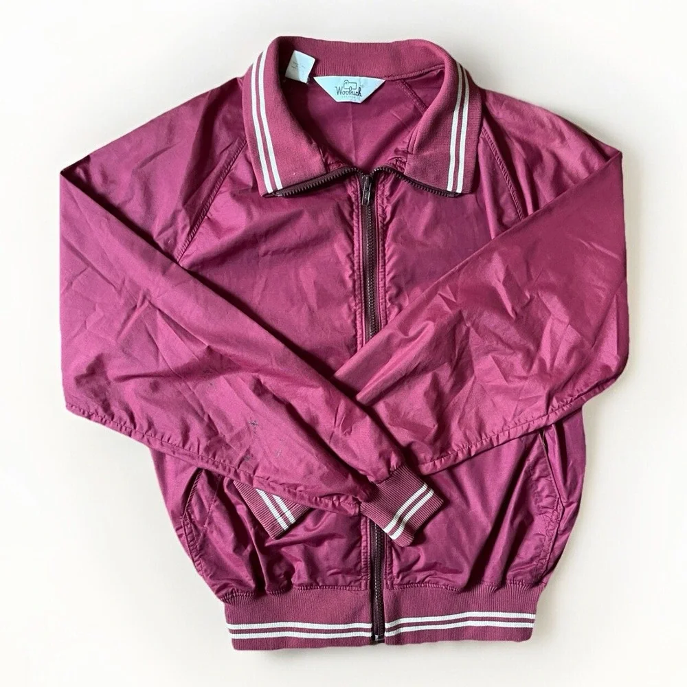 VINTAGE Woolrich Windbreaker‎ Bomber Track Jacket Collared Red Maroon Med USA