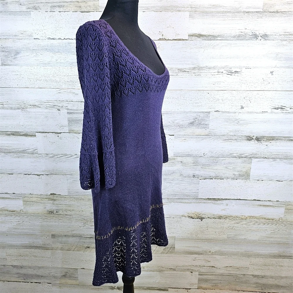 Free People Crochet Knit Flare Sleeve Mini Dress S Purple Boho Romantic Fairy