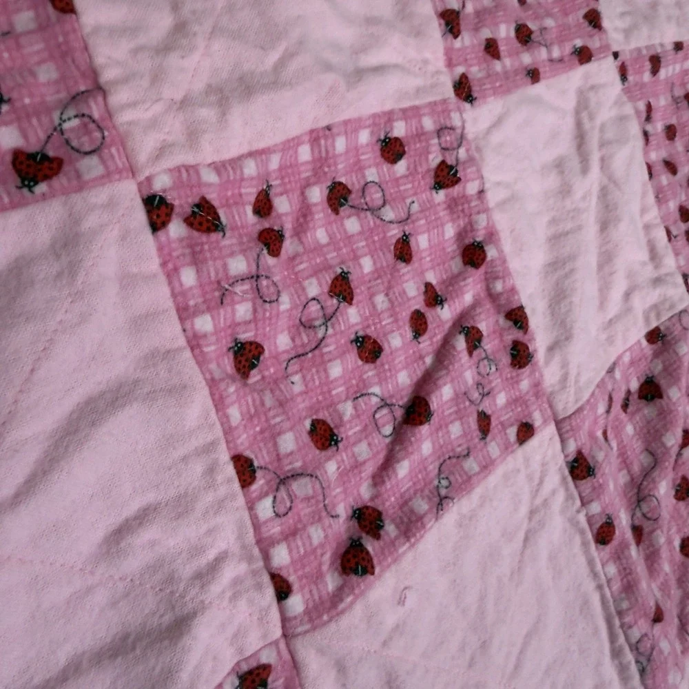 Handmade Baby Girls‎ Cotton Quilt Pink Ladybug Gingham Patchwork Nursery Blanket