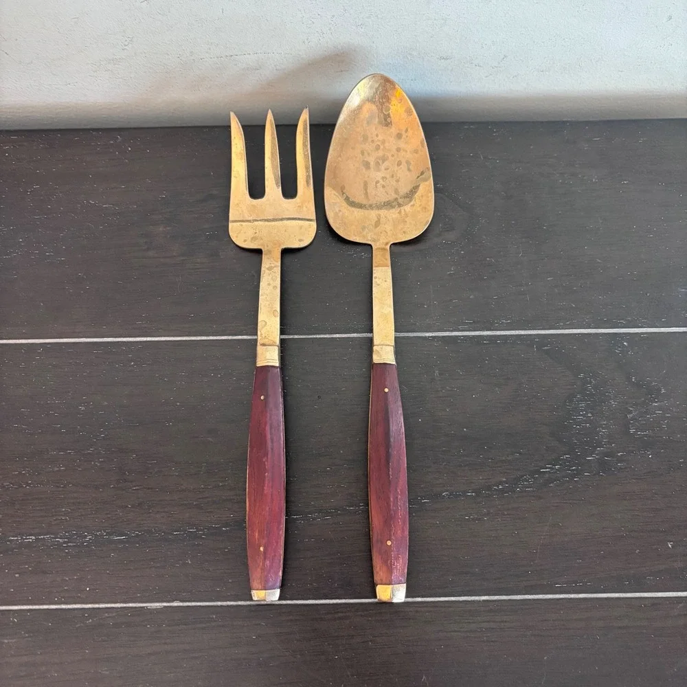 Vintage Brass and Rosewood Salad Serving Set | Spoon and‎ Fork | MCM