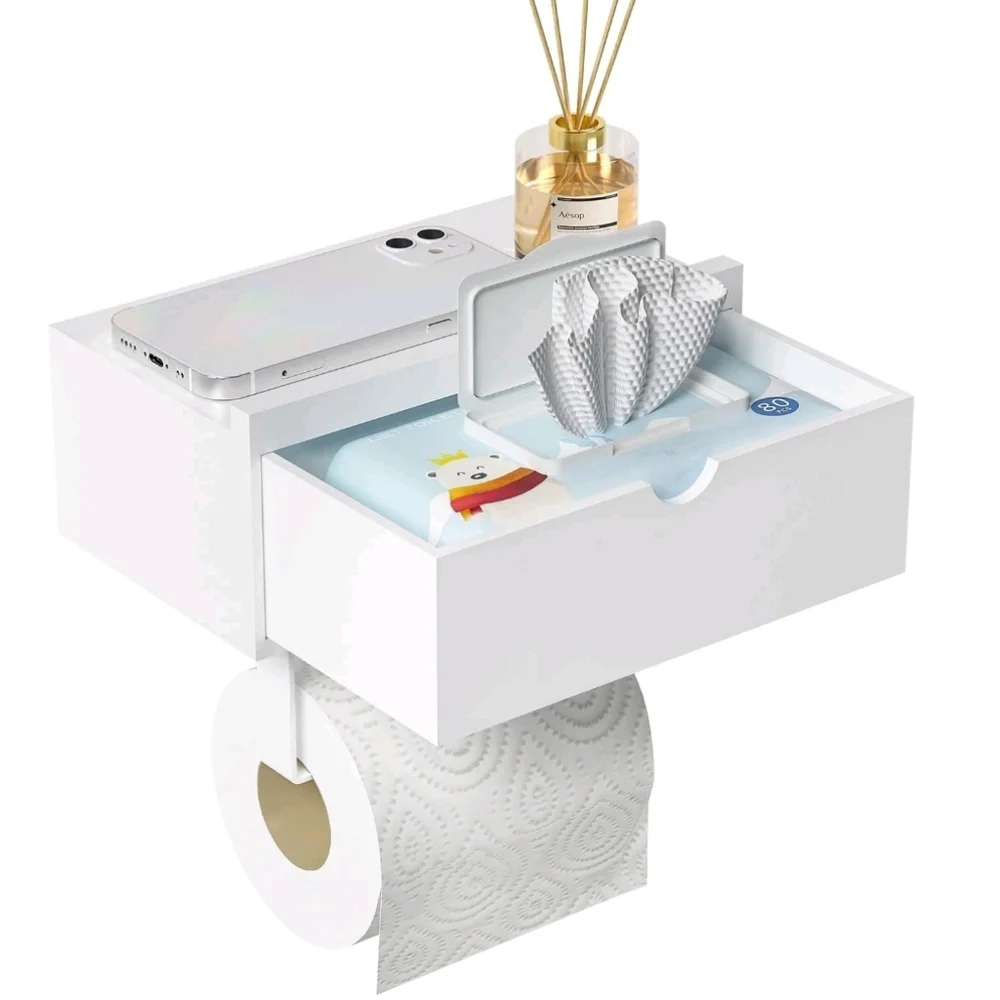 Domax Bamboo Toilet Paper Holder with Shelf Wall Bathroom White (Open Box)