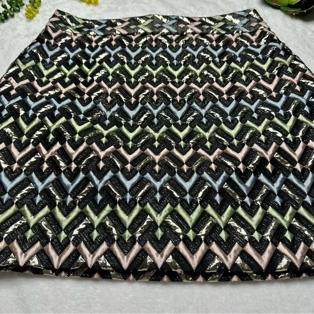 Milly Metallic Chevron Textured Modern Mini Skirt in Black Pink Green Womens 6