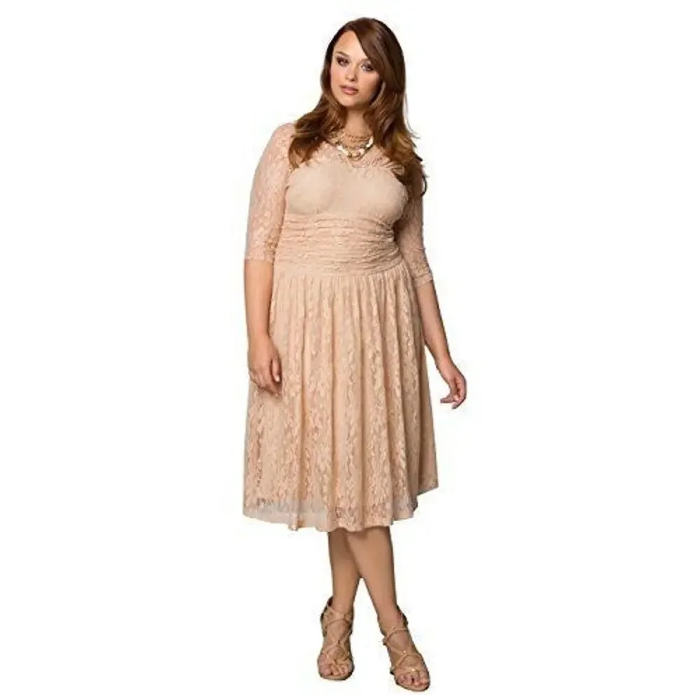 Kiyonna Party Dress Beige Lace Size 10 12 Swinging Symphony Lined Wedding Bride