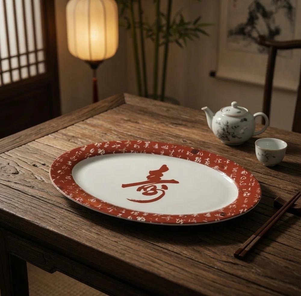 Chinese Calligraphy Shou Oval Serving Platter Red White Porcelain 14x9.5
