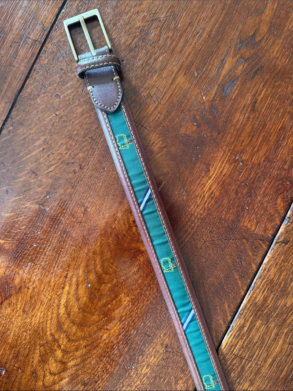 Youth Masters Brown Leather-Trim Green Ribbon Belt