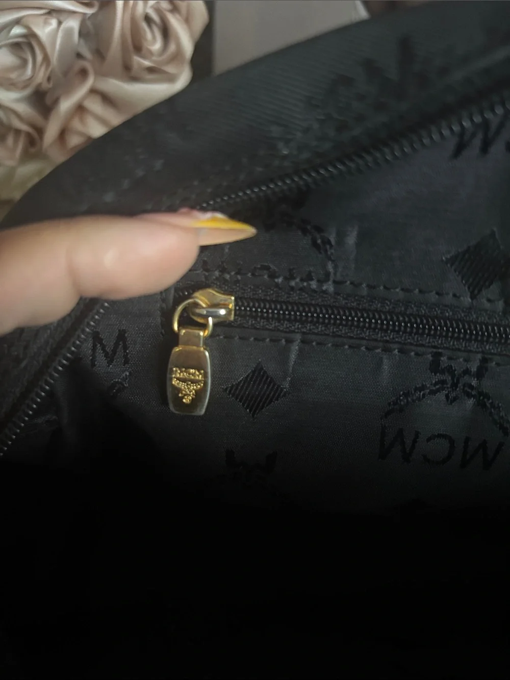 MCM Black Logo Dome Satchel with Gold Plaque