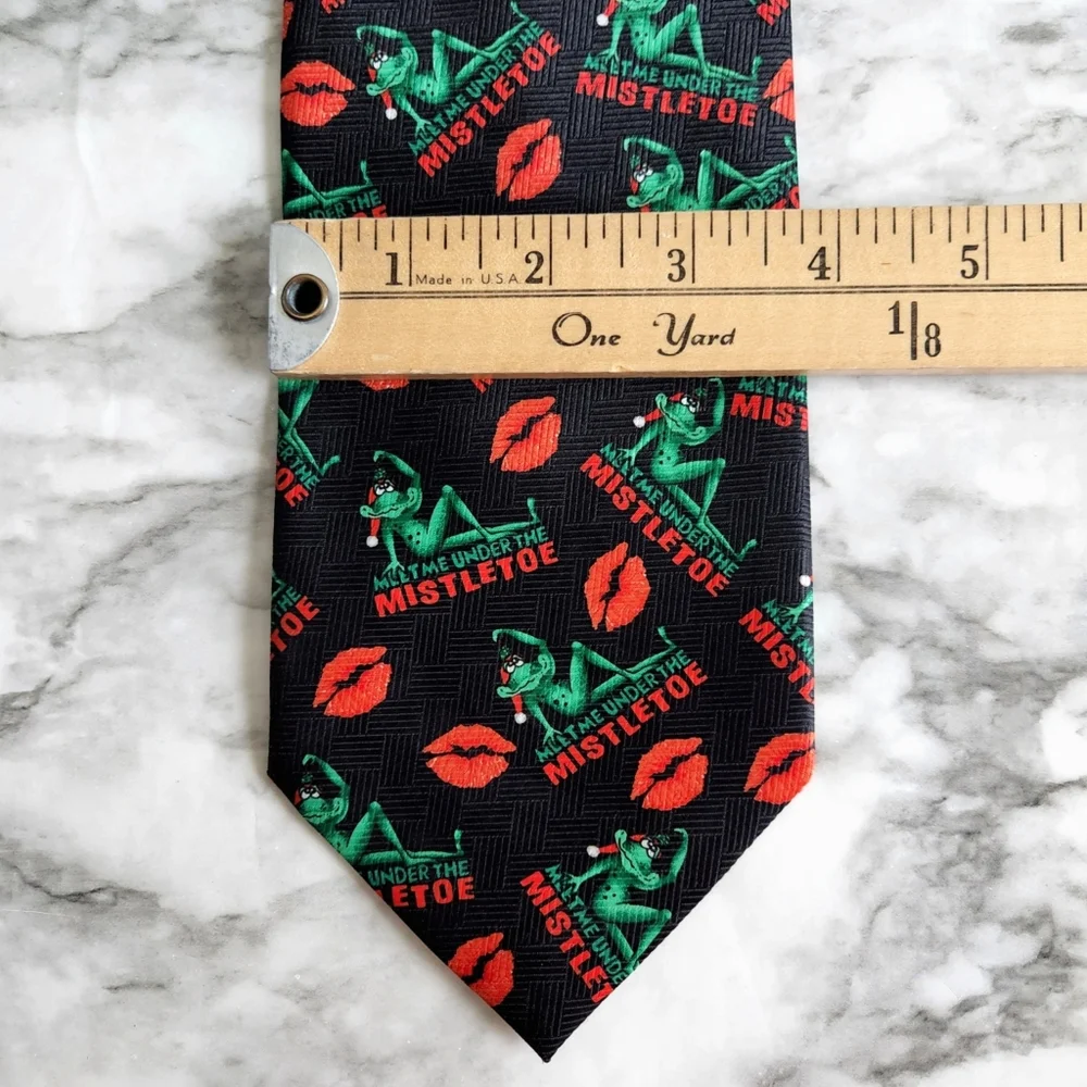 Christmas Holiday Tie With Frogs, Lips, And Mistletoe, Black, Red, & Green
