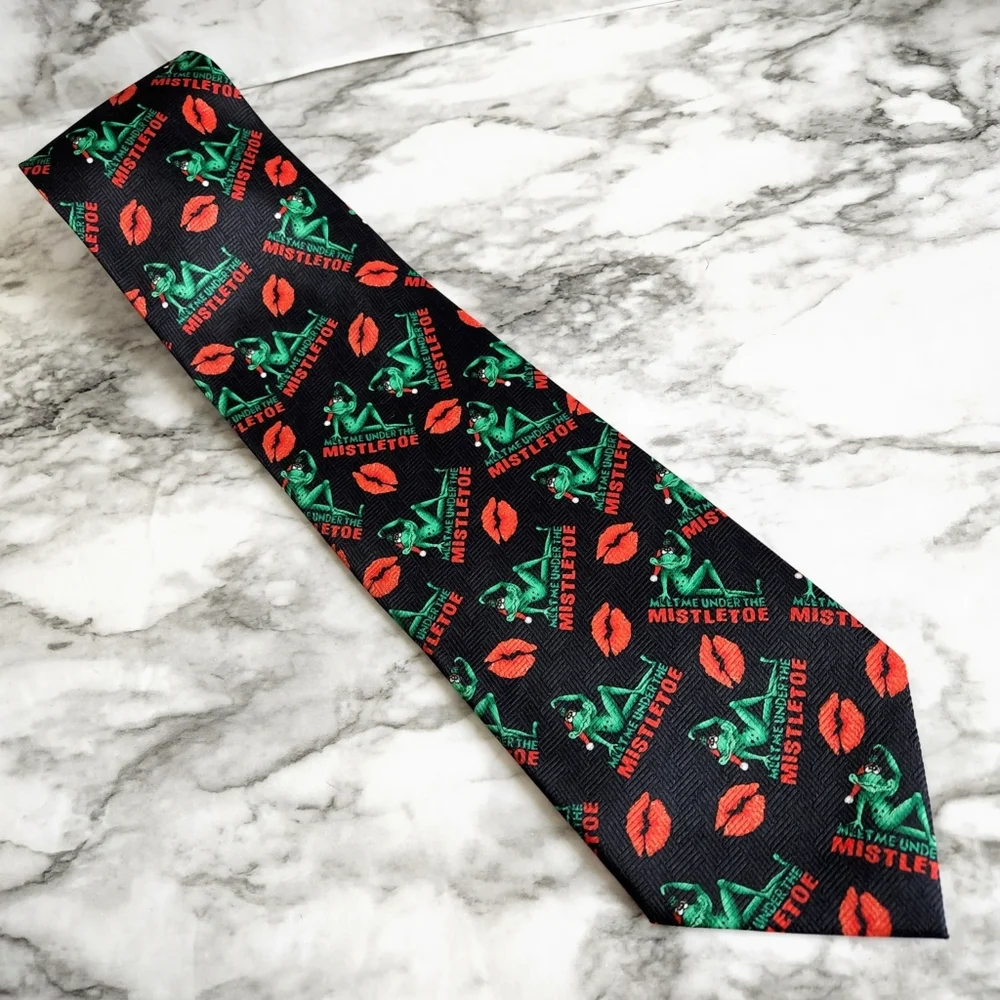 Christmas Holiday Tie With Frogs, Lips, And Mistletoe, Black, Red, & Green