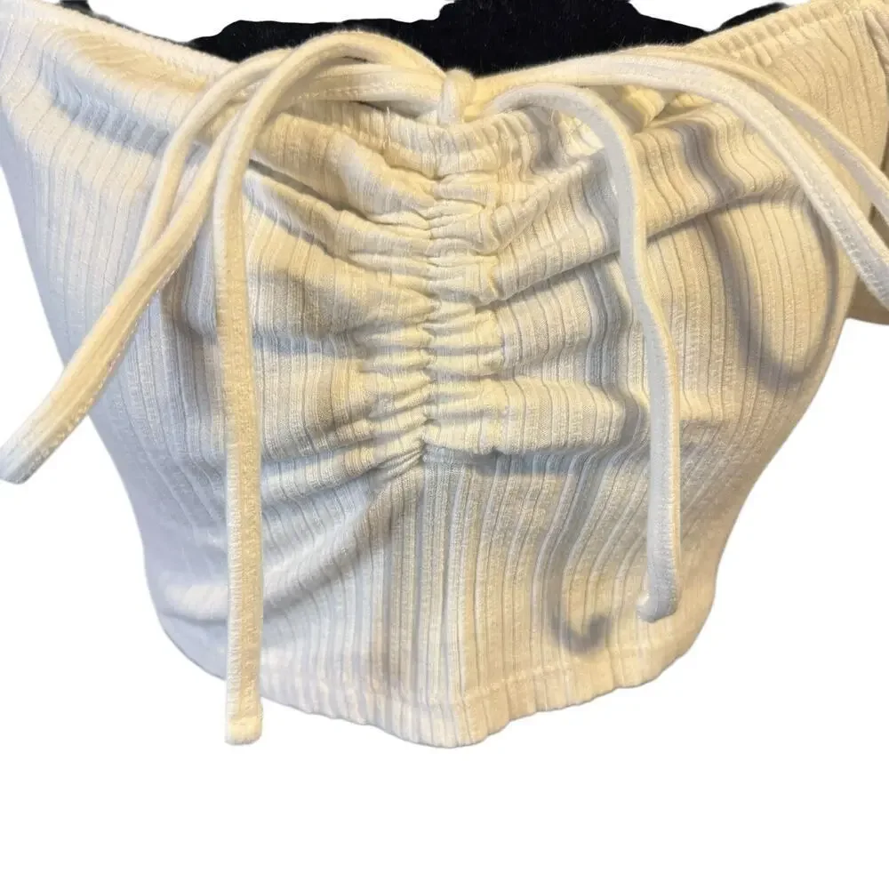 ZARA Ribbed Puff Sleeve Crop Top Ruched Front White M Romantic Cottagecore Y2K