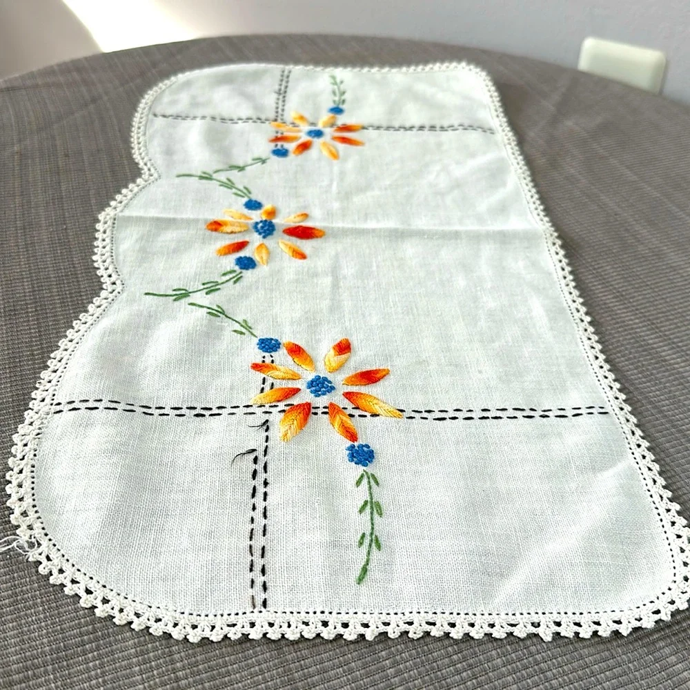Handcrafted embroidered doily 19” x 10”