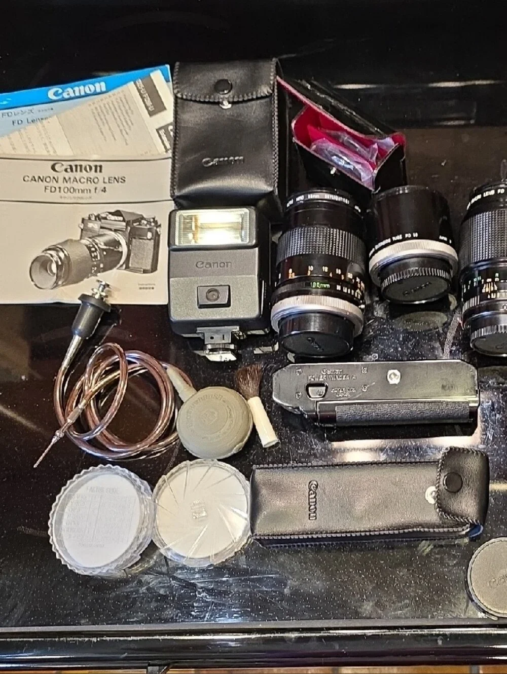 Canon FD100mm f/4 Camera Kit with Black and Silver Bodies & Lenses Vintage