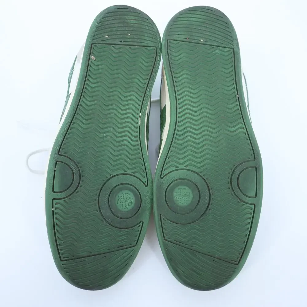 TORY BURCH Hank Court Sneakers White Green Lace Up Low Top Women's 8.5
